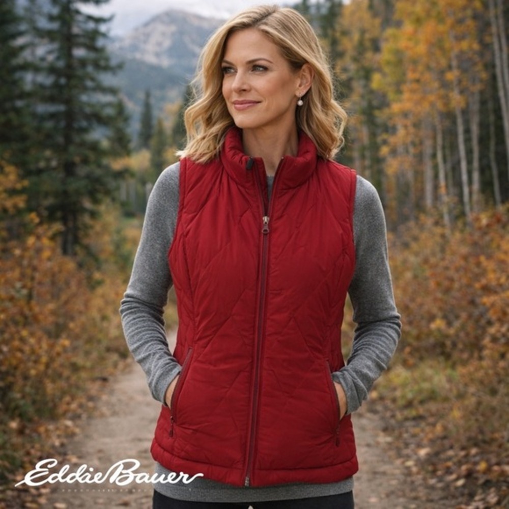 Eddie Bauer Premium‎ Goose Down Quilted Puffer Vest Womens Small Red Full Zip